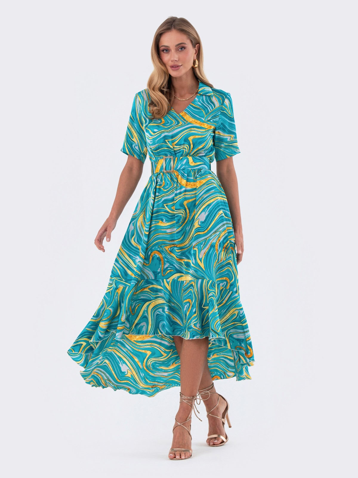 Шовкова сукня бірюзова в принт з воланом | 83447 Шовкова сукня бірюзова в принт з воланом | 83447