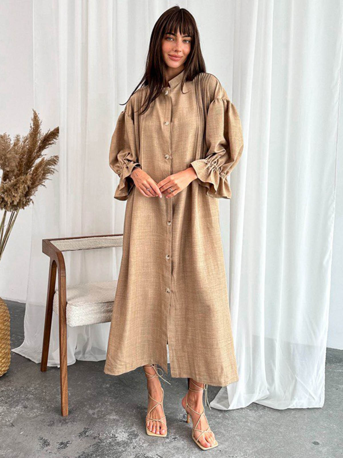 Лляна довга сукня-сорочка бежева оверсайз | 83023 Лляна довга сукня-сорочка бежева оверсайз | 83023