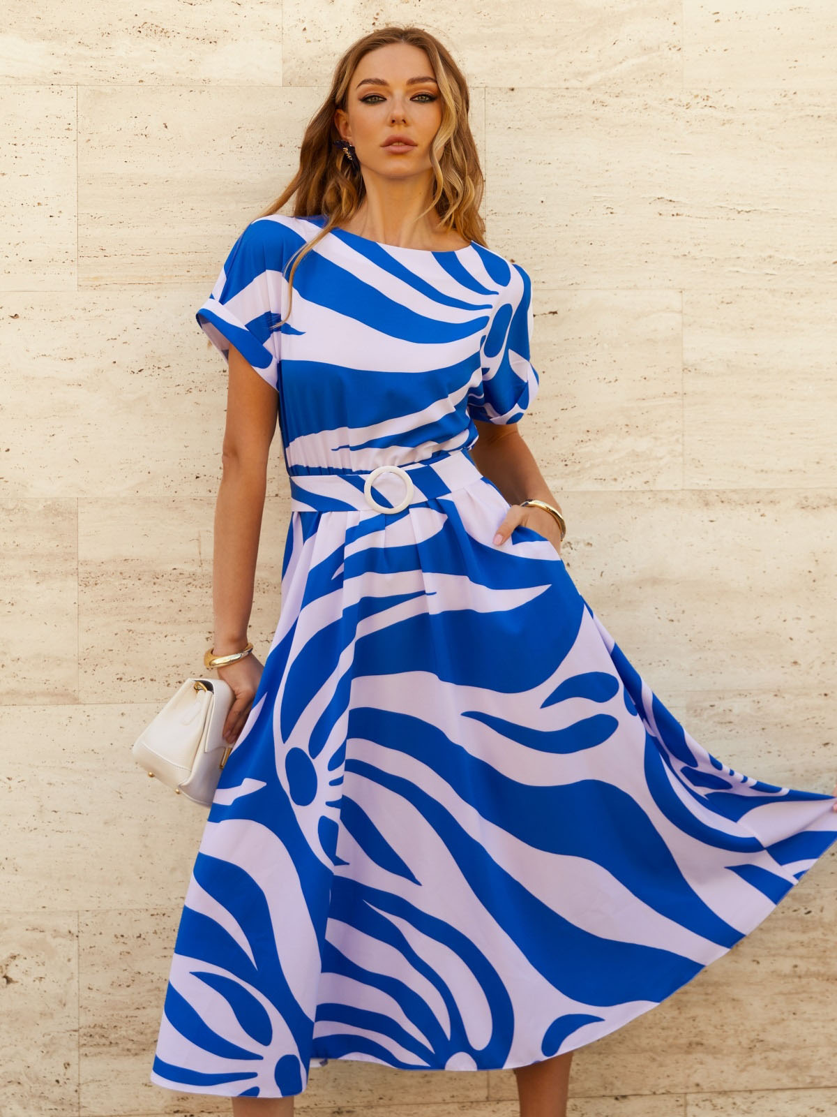 Літнє плаття кльош синьо-біле з софту | 82770 Літнє плаття кльош синьо-біле з софту | 82770