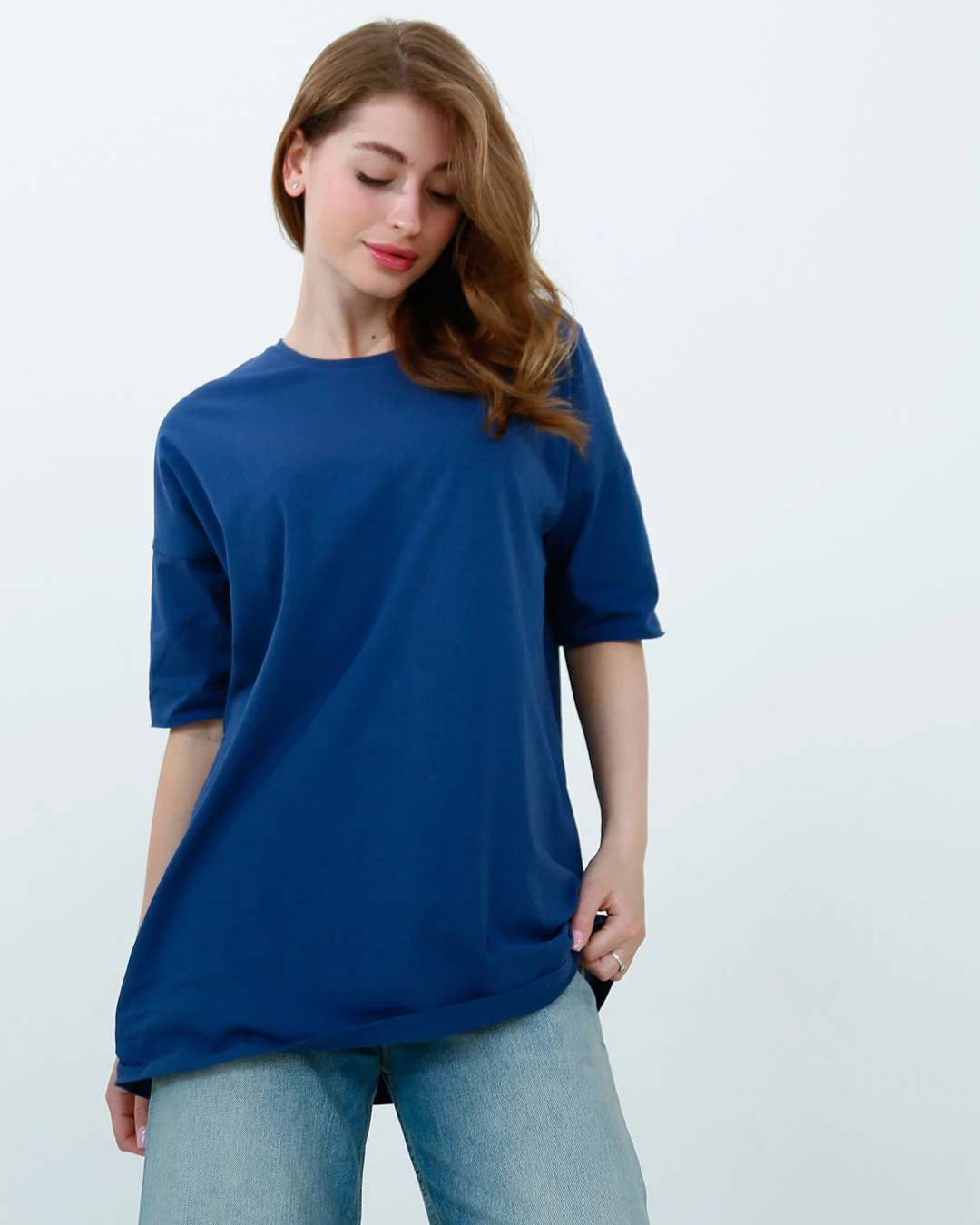 Жіноча подовжена футболка синя з поясом | 83180