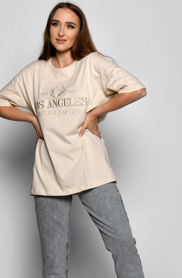 Подовжена футболка бежева Los Angeles | 83159