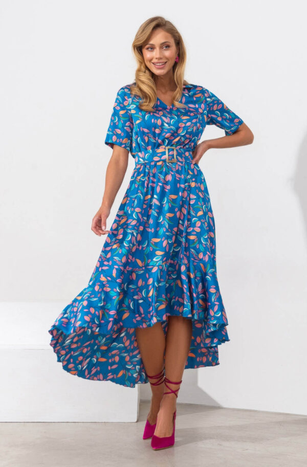 Шовкова сукня блакитна в принт з воланом | 83424