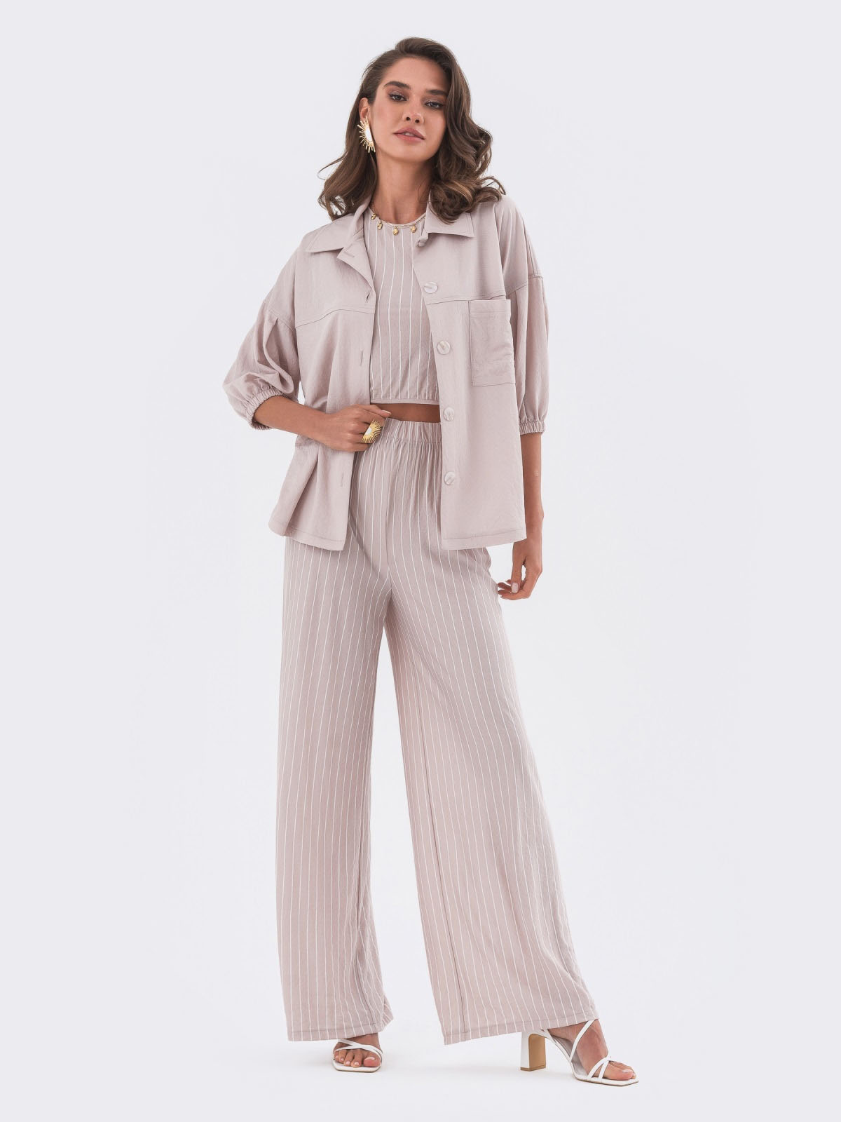 Літній костюм-трійка пудровий у смужку | 82626 Літній костюм-трійка пудровий у смужку | 82626