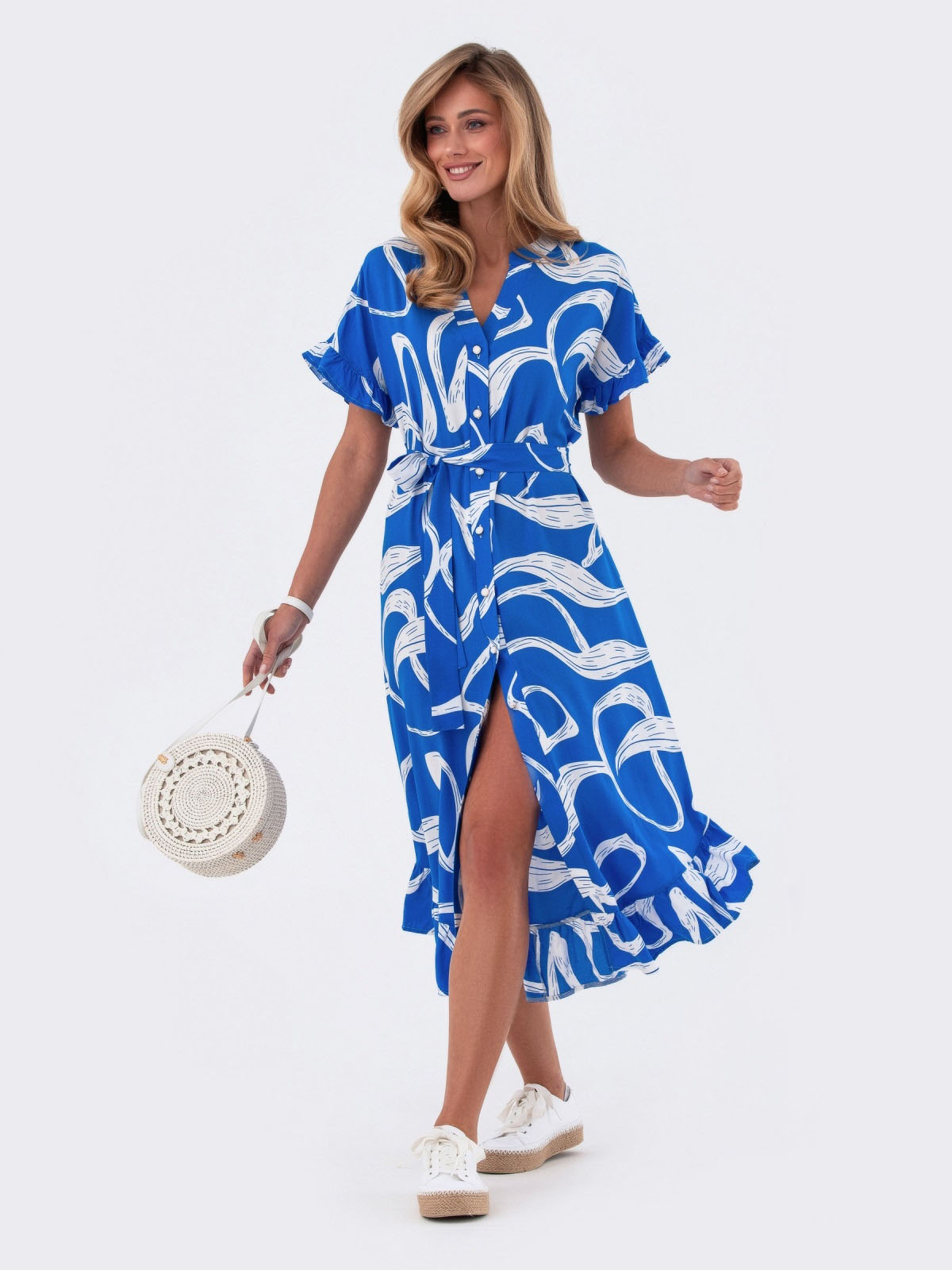 Принтована сукня блакитна з оборкою по низу | 82810 Принтована сукня блакитна з оборкою по низу | 82810