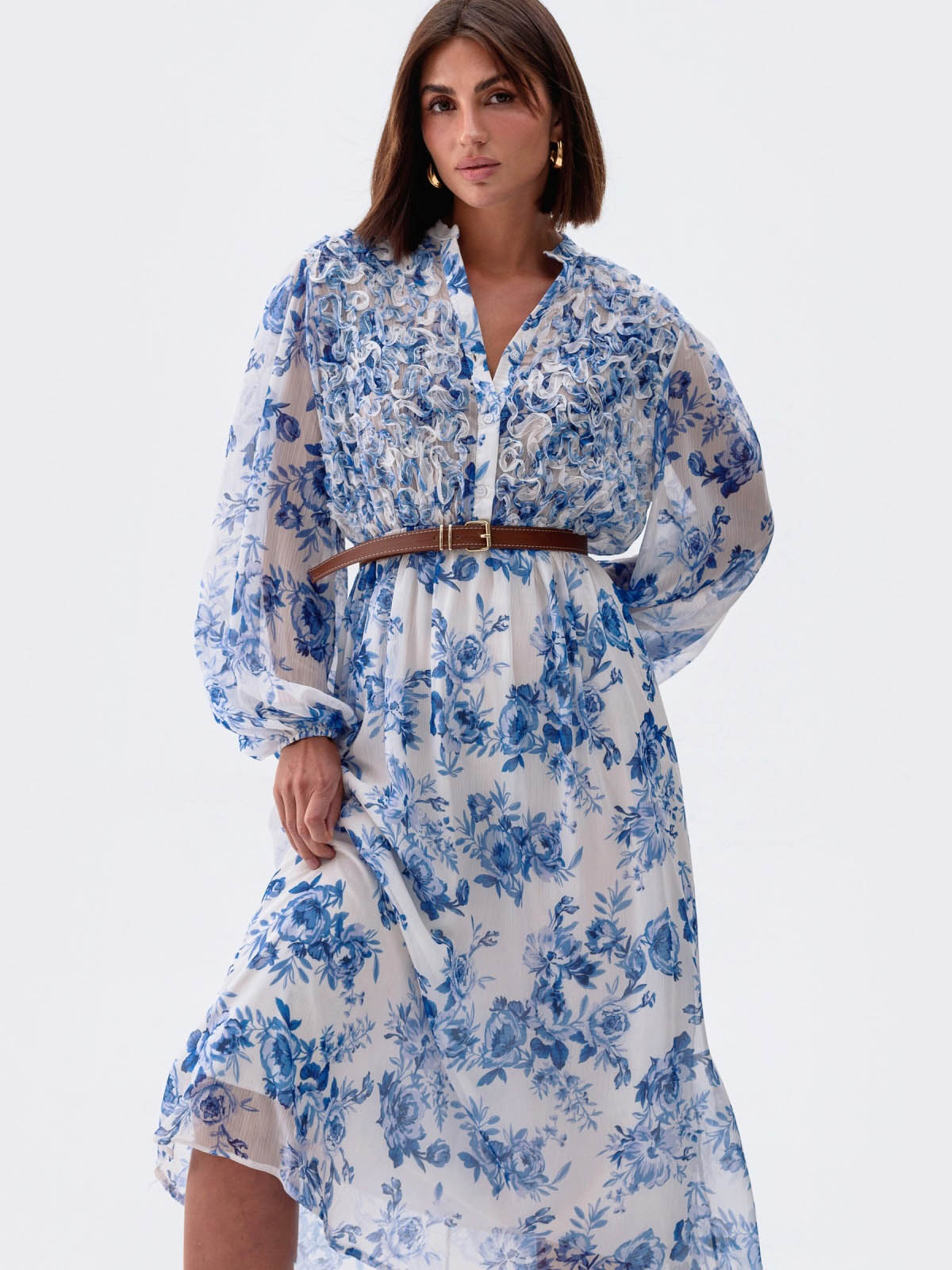 Літня шифонова сукня біла в блакитні квіти | 83353 Літня шифонова сукня біла в блакитні квіти | 83353