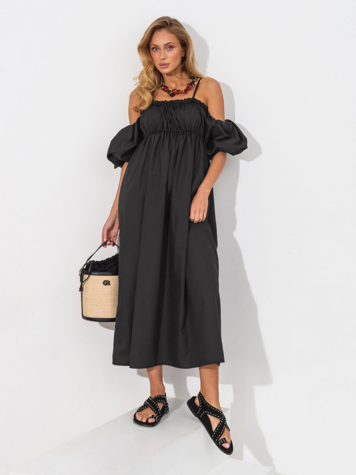Довга сукня на бретелях чорна з бавовни | 83277 Довга сукня на бретелях чорна з бавовни | 83277