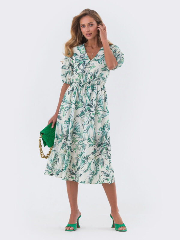Літня сукня з прошви біла в зелений принт | 82451