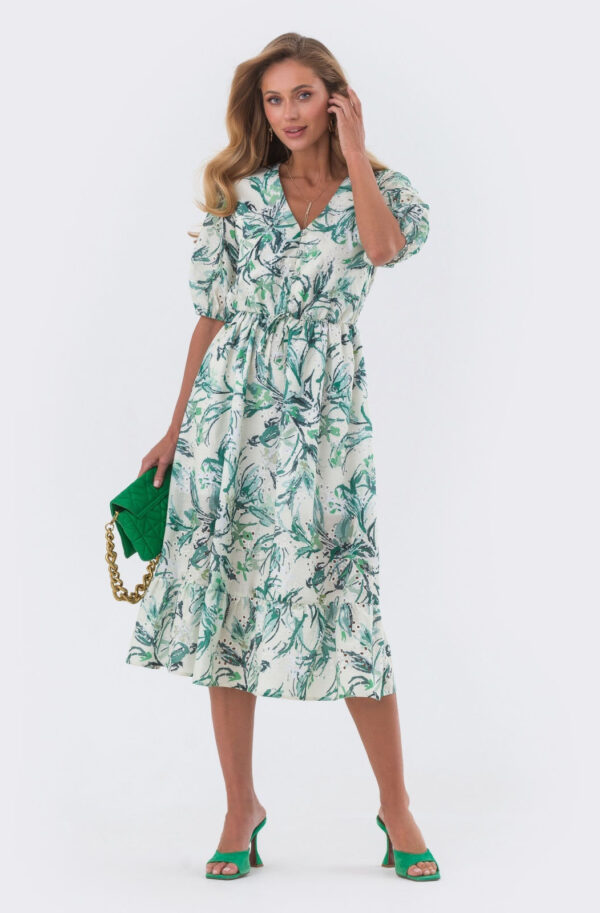 Літня сукня з прошви біла в зелений принт | 82451