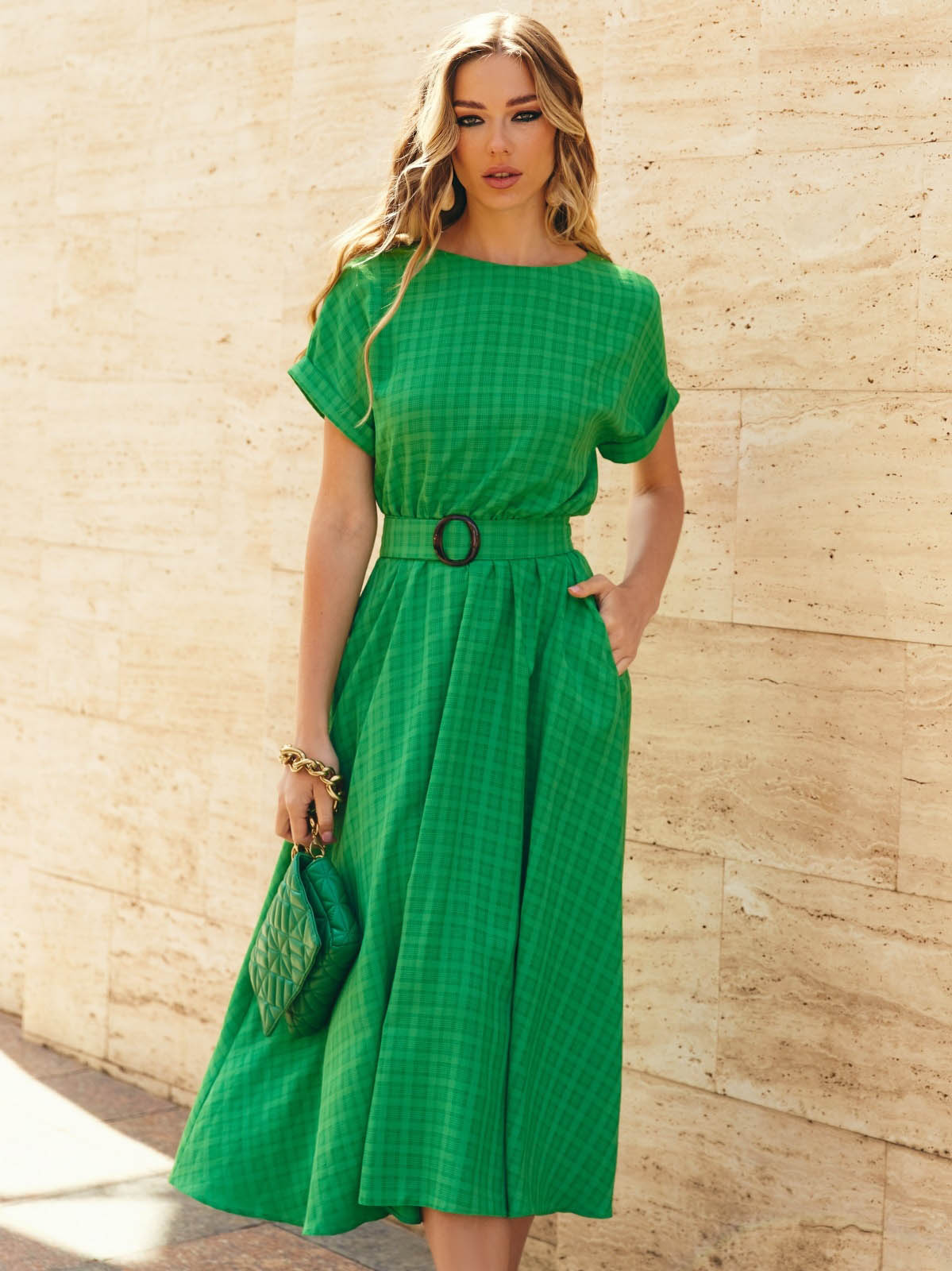 Літнє плаття кльош зелене зі штапелю | 82538 Літнє плаття кльош зелене зі штапелю | 82538