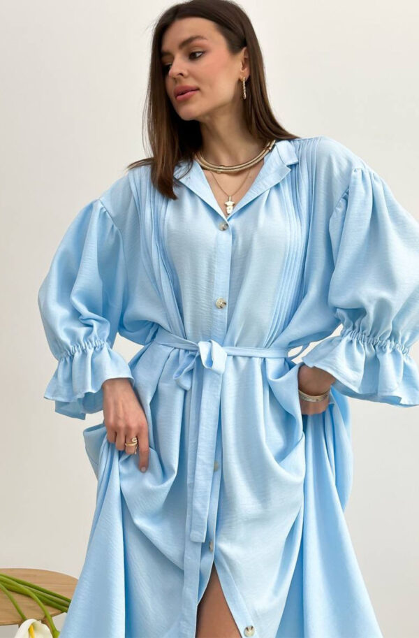 Лляна довга сукня-сорочка блакитна оверсайз | 83298