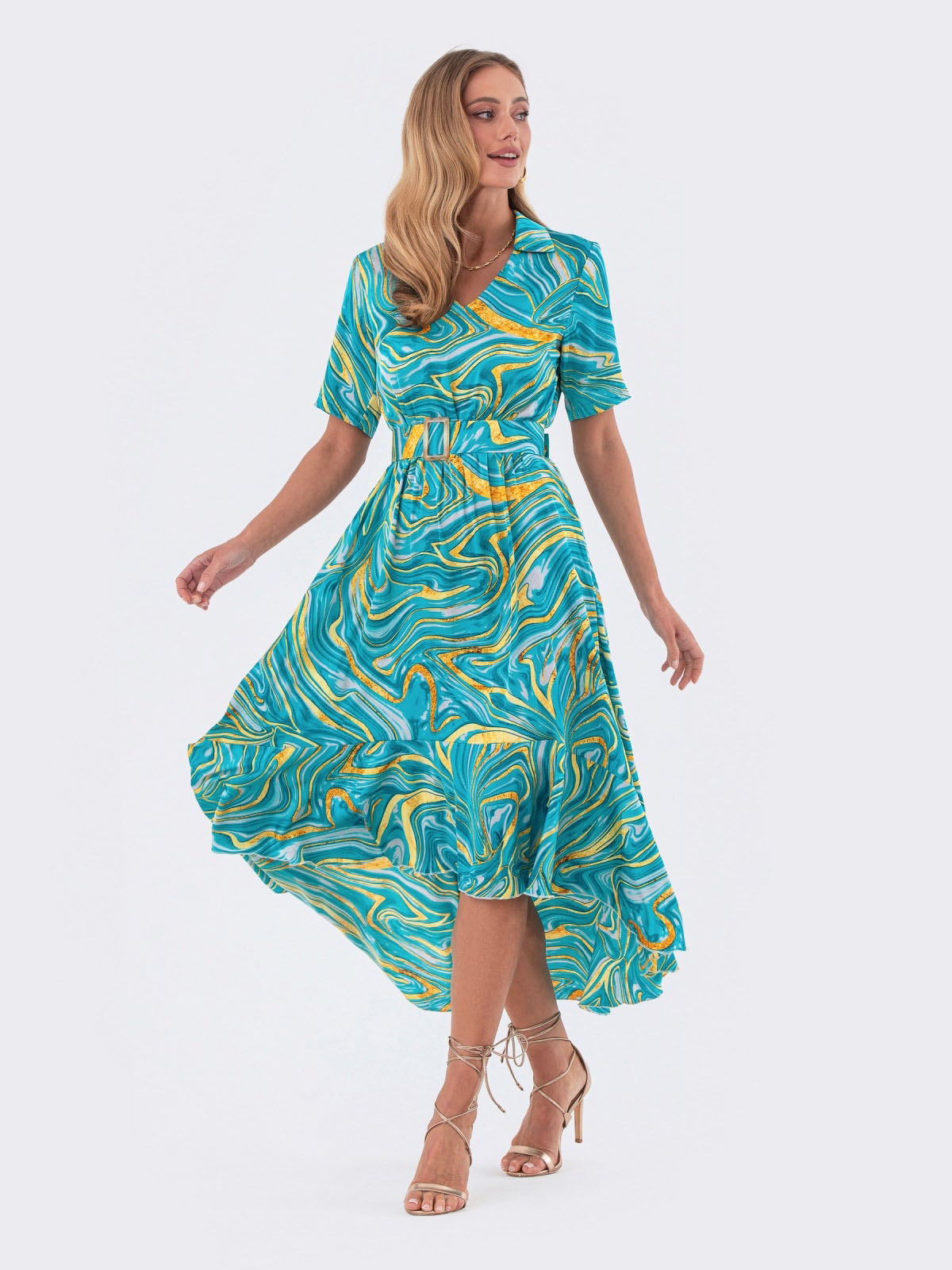 Шовкова сукня бірюзова в принт з воланом | 83447 Шовкова сукня бірюзова в принт з воланом | 83447