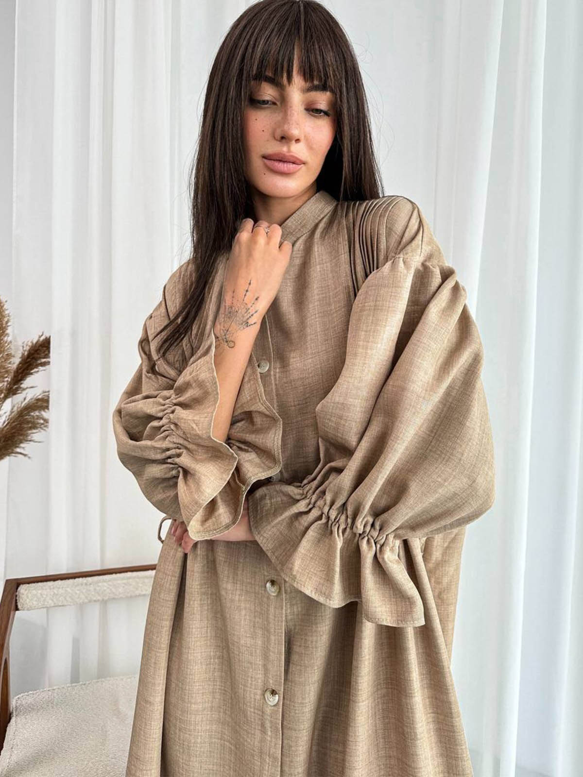 Лляна довга сукня-сорочка бежева оверсайз | 83023 Лляна довга сукня-сорочка бежева оверсайз | 83023