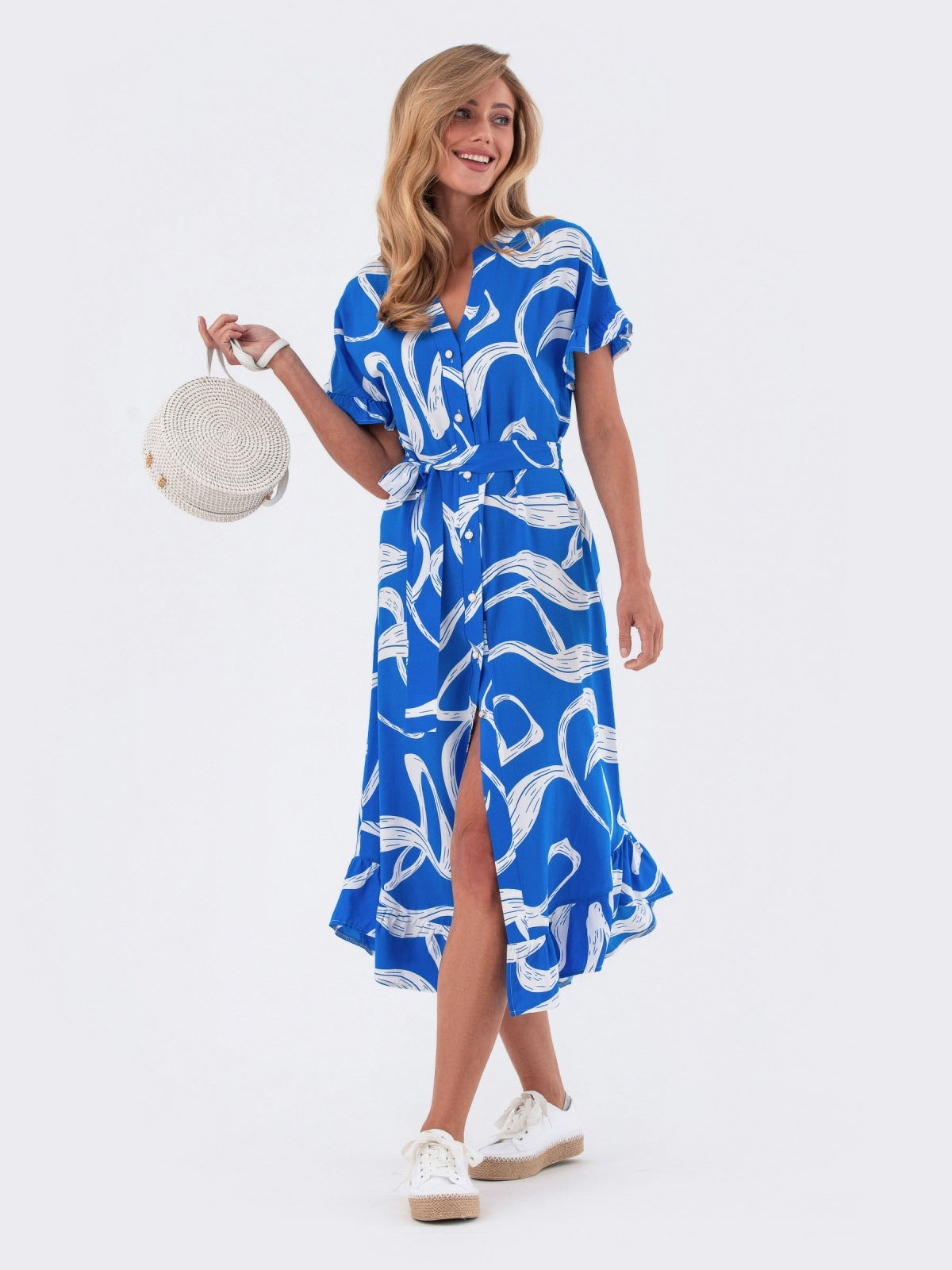 Принтована сукня блакитна з оборкою по низу | 82810 Принтована сукня блакитна з оборкою по низу | 82810