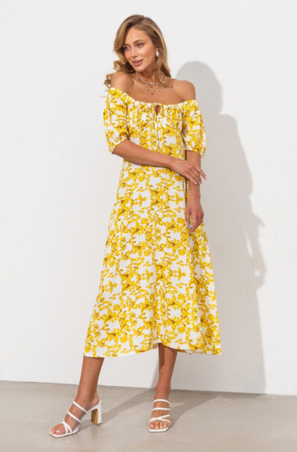 Сукня жовта в принт з куліскою на ліфі | 82691