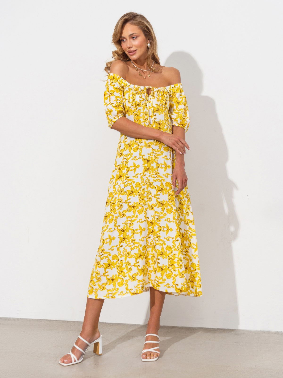 Сукня жовта в принт з куліскою на ліфі | 82691 Сукня жовта в принт з куліскою на ліфі | 82691