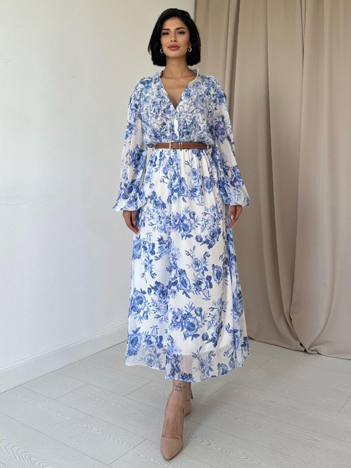 Літня шифонова сукня біла в блакитні квіти | 83353 Літня шифонова сукня біла в блакитні квіти | 83353