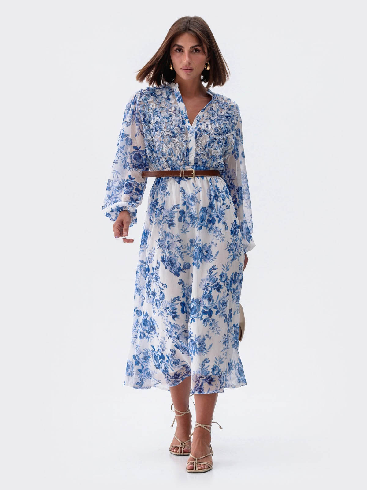 Літня шифонова сукня біла в блакитні квіти | 83353 Літня шифонова сукня біла в блакитні квіти | 83353