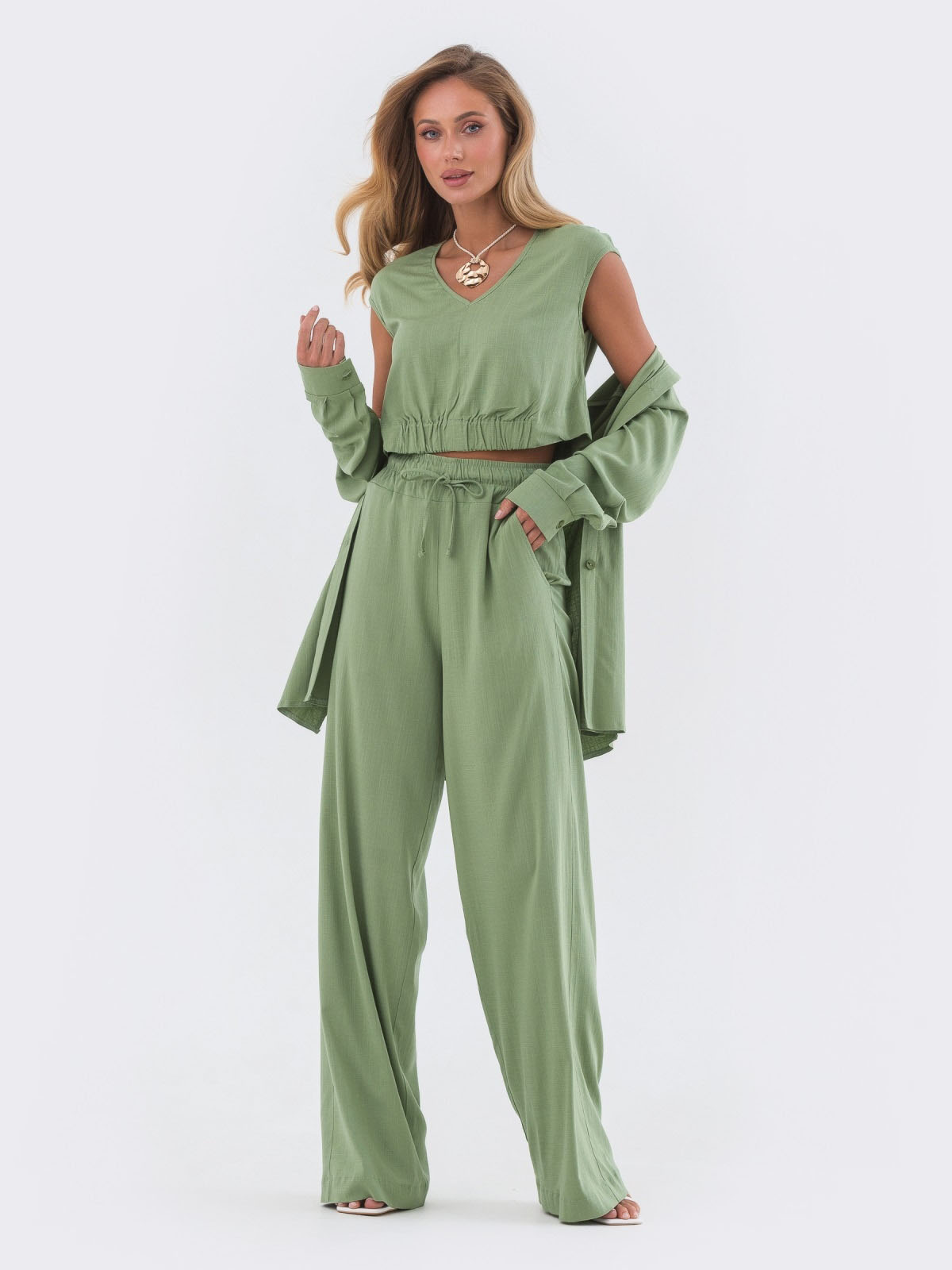 Літній костюм-трійка з льону зелений | 82352