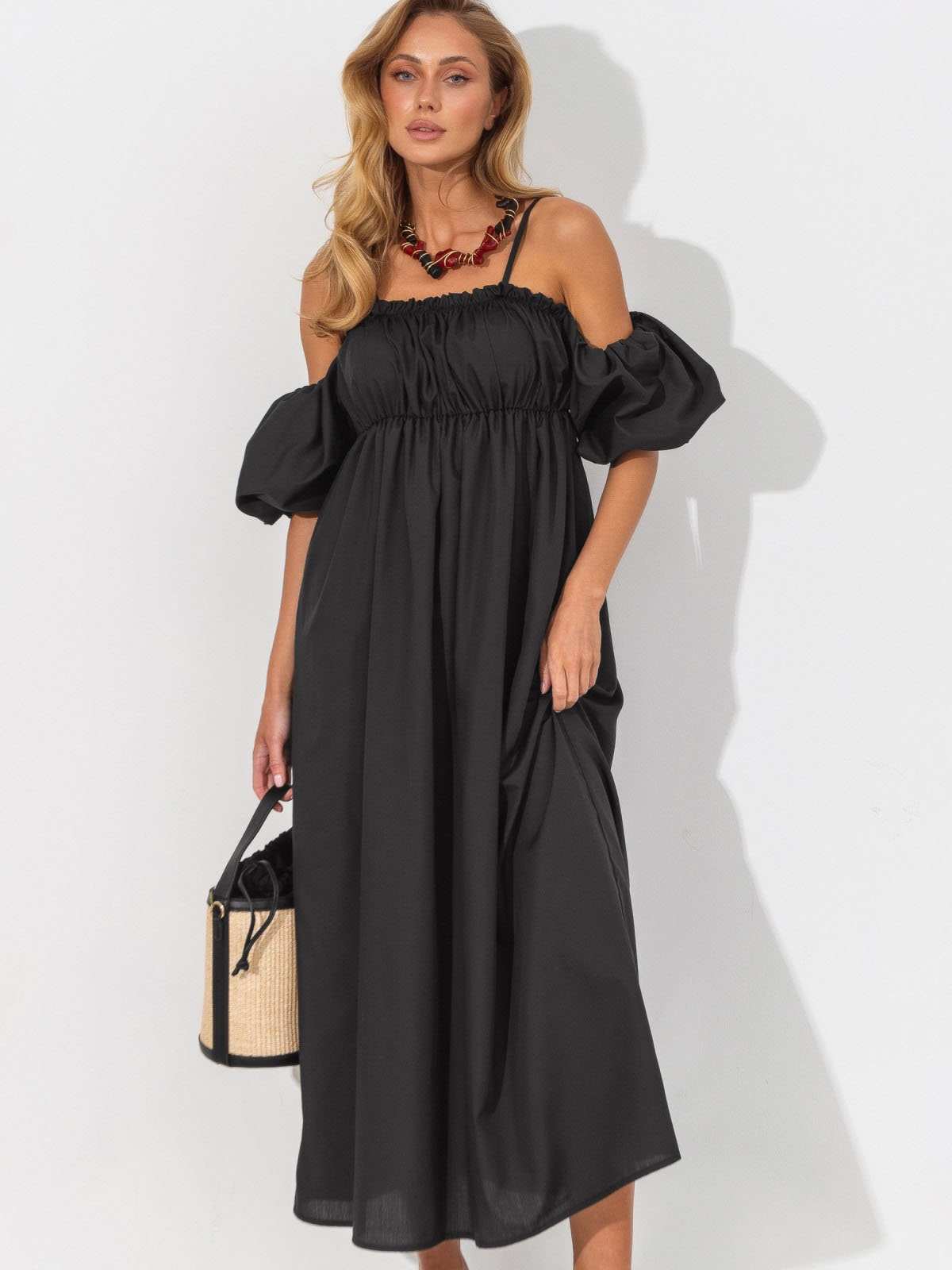 Довга сукня на бретелях чорна з бавовни | 83277 Довга сукня на бретелях чорна з бавовни | 83277