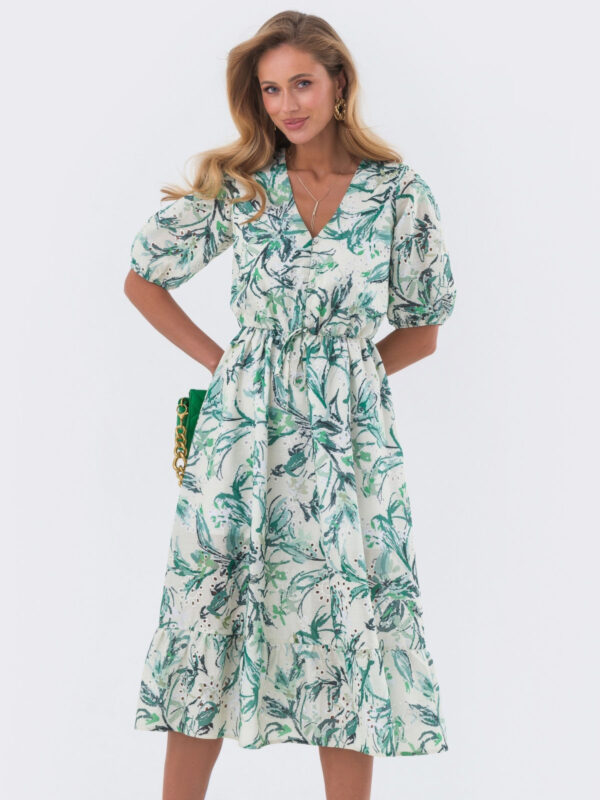 Літня сукня з прошви біла в зелений принт | 82451