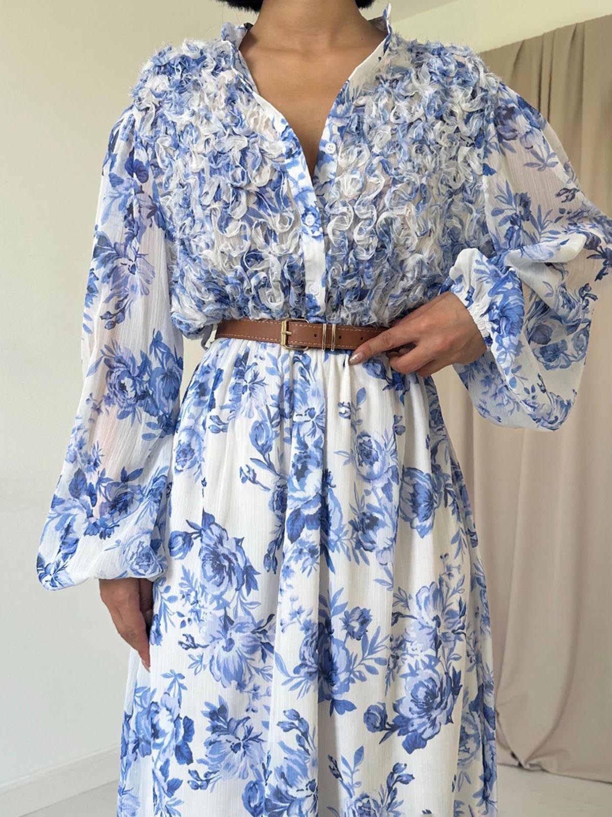 Літня шифонова сукня біла в блакитні квіти | 83353 Літня шифонова сукня біла в блакитні квіти | 83353