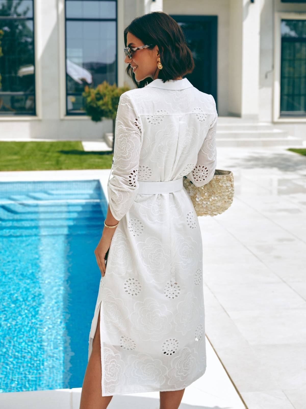 Літня сукня біла з прошви з розрізами з боків | 82559 Літня сукня біла з прошви з розрізами з боків | 82559