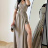Літнє довге плаття на запах з льону бежеве | 83398 Літнє довге плаття на запах з льону бежеве | 83398