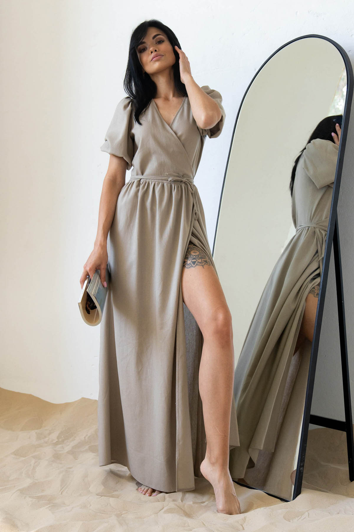 Літнє довге плаття на запах з льону бежеве | 83398 Літнє довге плаття на запах з льону бежеве | 83398