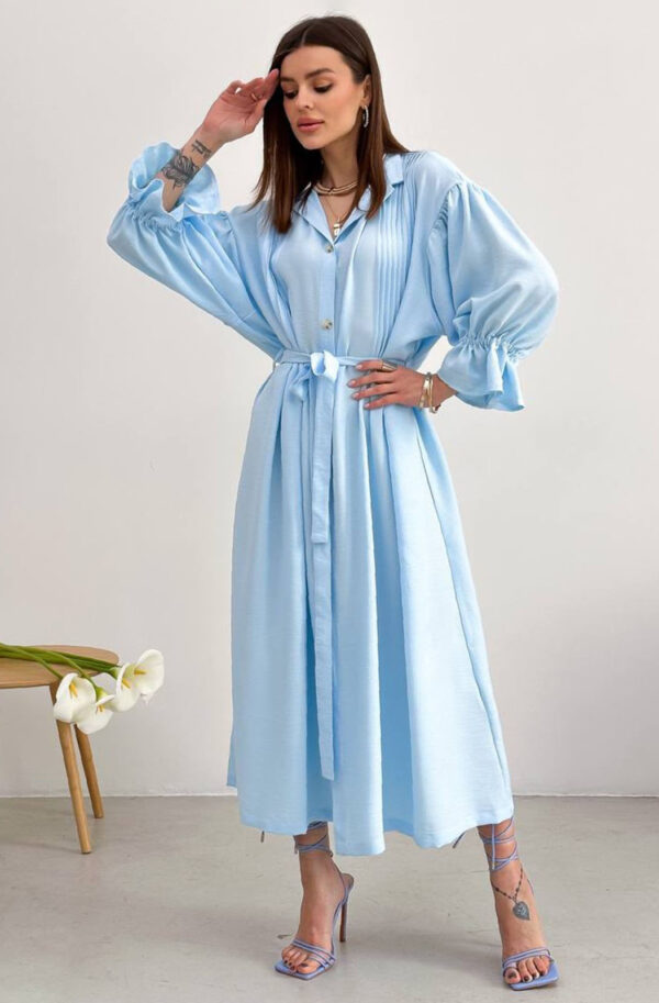 Лляна довга сукня-сорочка блакитна оверсайз | 83298