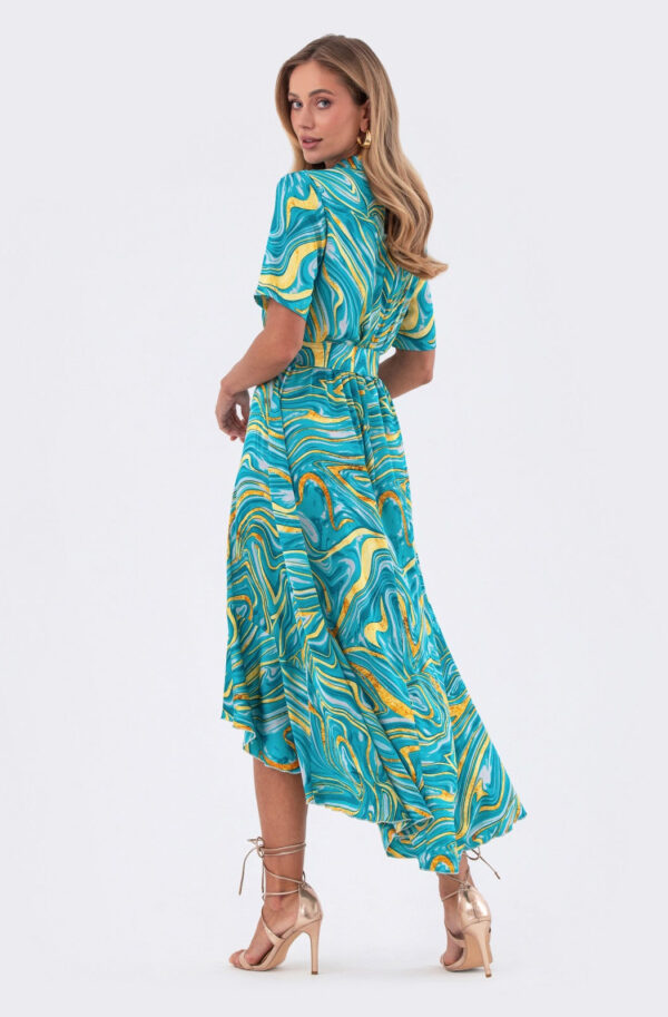Шовкова сукня бірюзова в принт з воланом | 83447