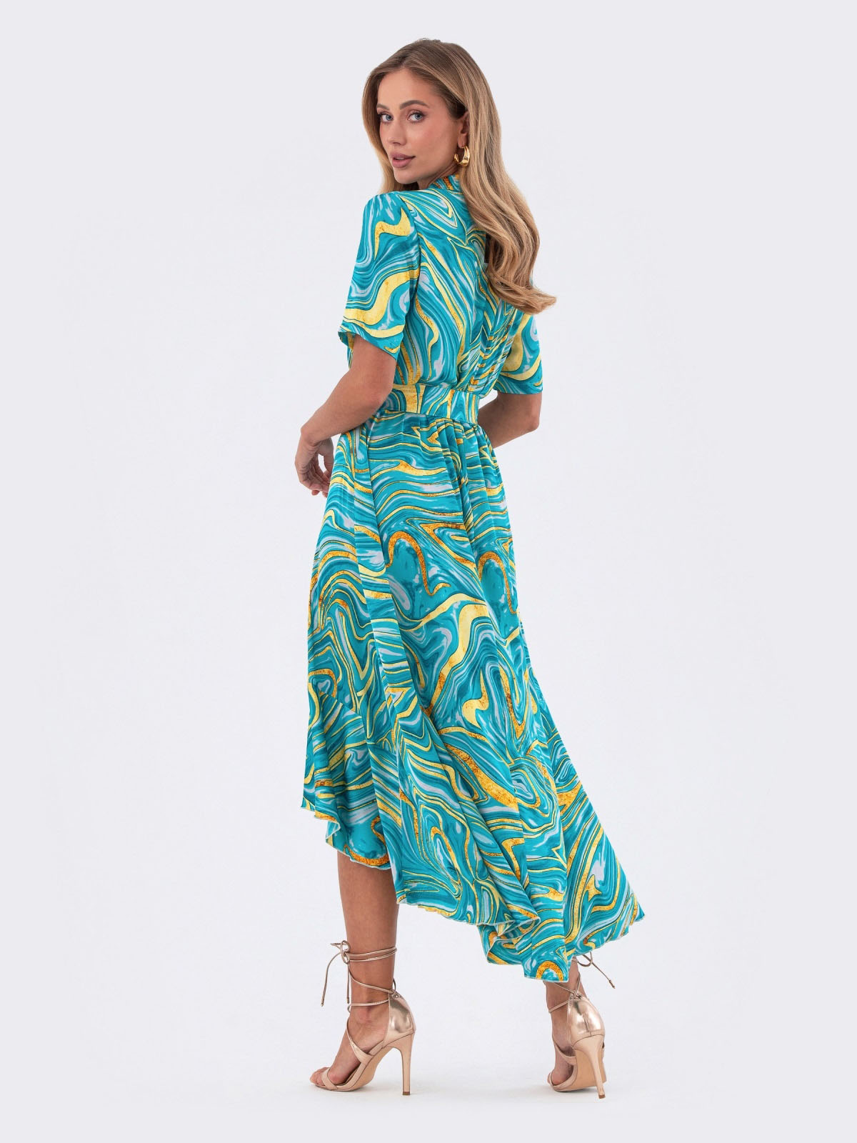 Шовкова сукня бірюзова в принт з воланом | 83447 Шовкова сукня бірюзова в принт з воланом | 83447