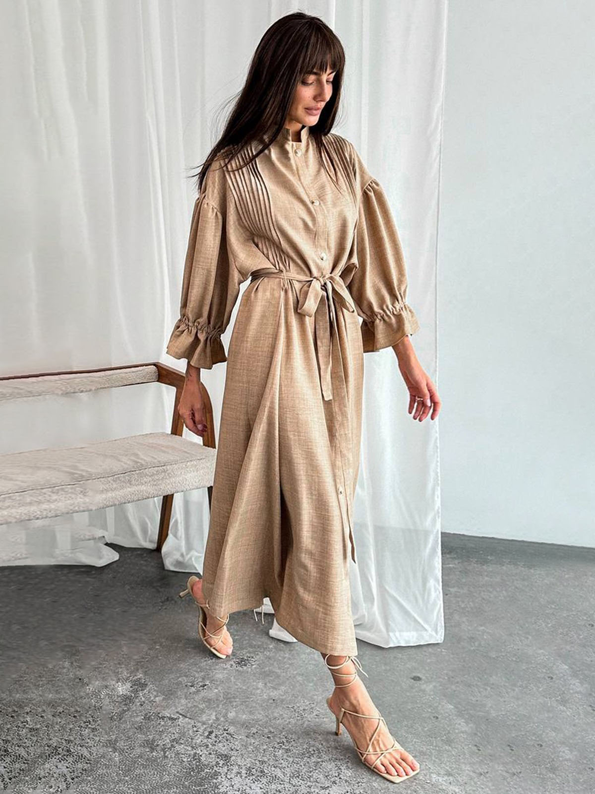 Лляна довга сукня-сорочка бежева оверсайз | 83023 Лляна довга сукня-сорочка бежева оверсайз | 83023