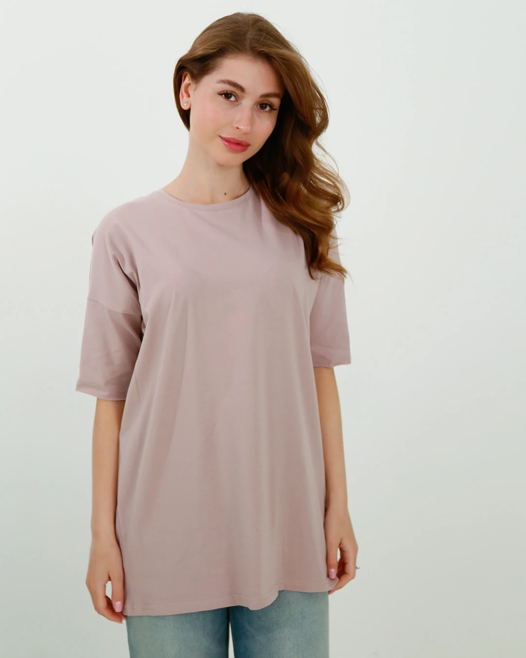 Жіноча подовжена футболка пудрова з поясом | 83199