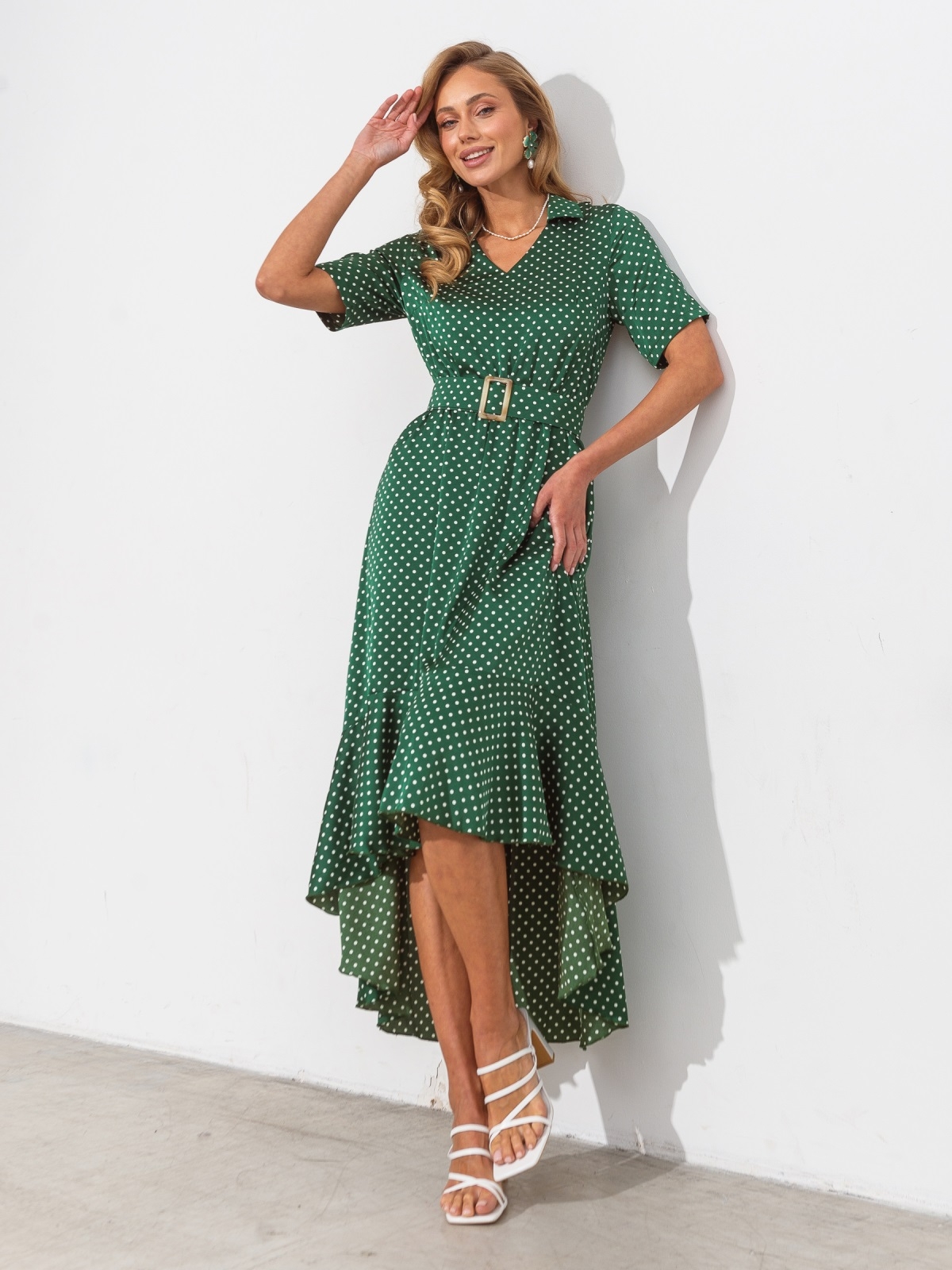 Шовкова сукня зелена в горошок з воланом | 83434 Шовкова сукня зелена в горошок з воланом | 83434