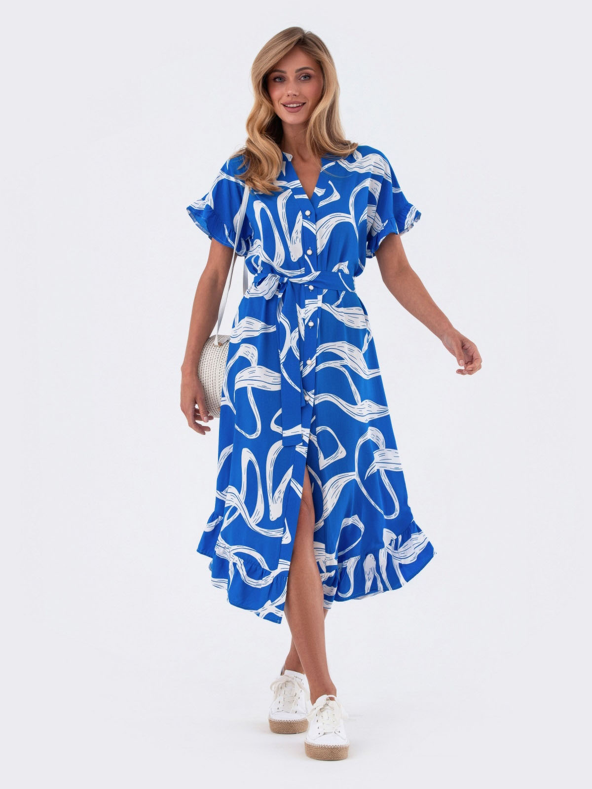 Принтована сукня блакитна з оборкою по низу | 82810 Принтована сукня блакитна з оборкою по низу | 82810