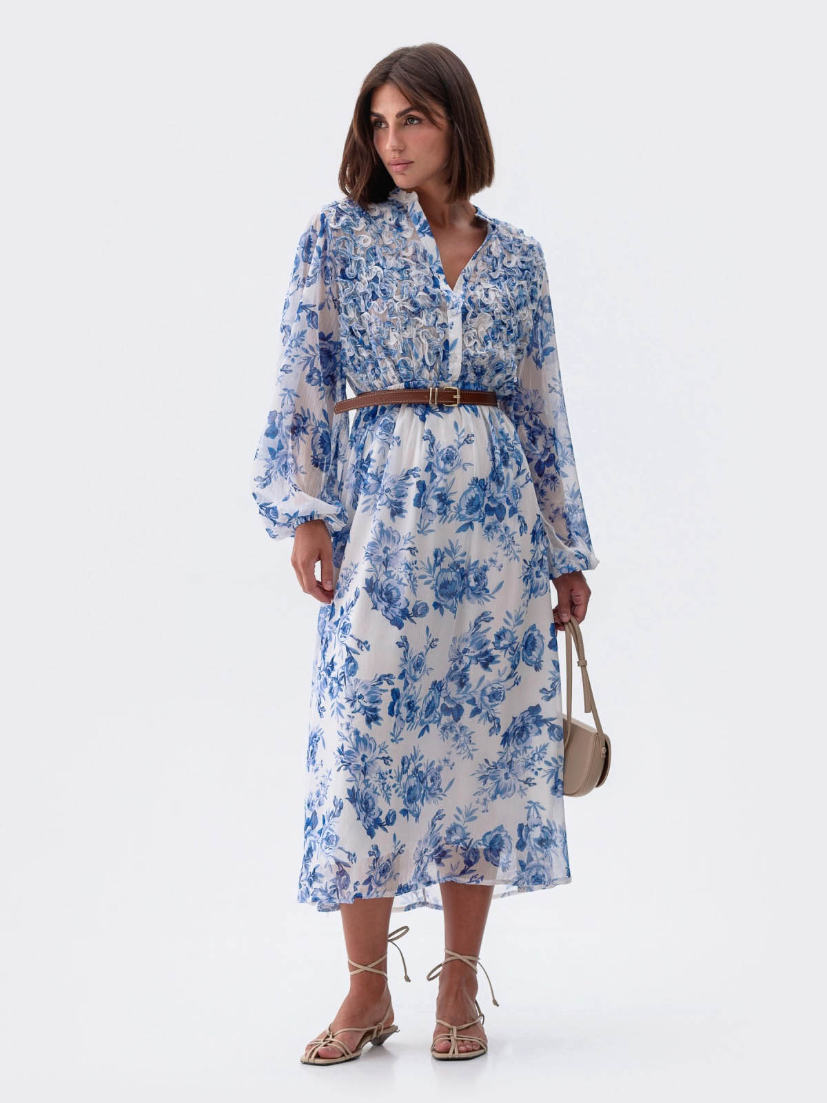 Літня шифонова сукня біла в блакитні квіти | 83353 Літня шифонова сукня біла в блакитні квіти | 83353