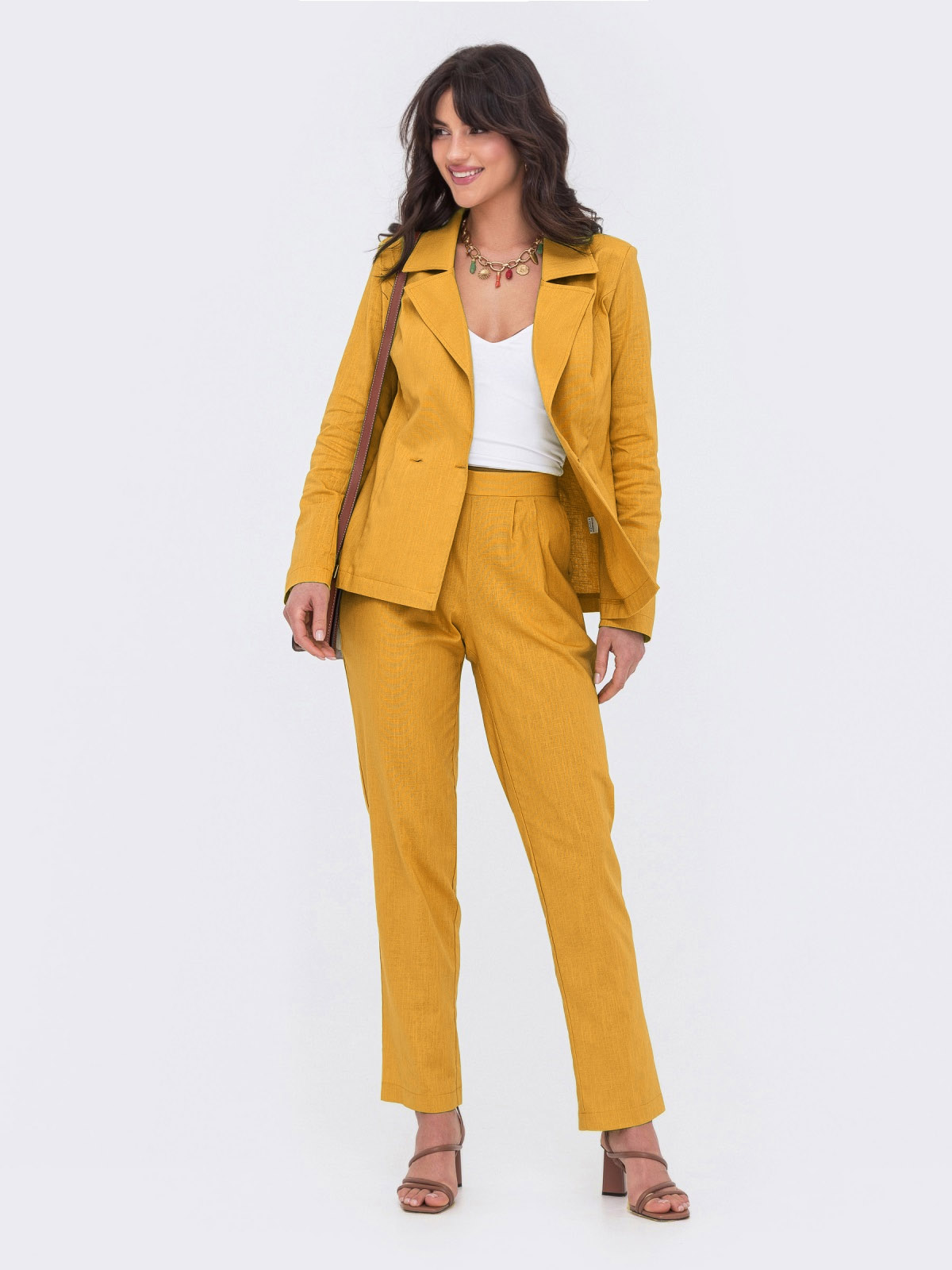 Лляний костюм з жакетом та штанами гірчичний | 82662 Лляний костюм з жакетом та штанами гірчичний | 82662