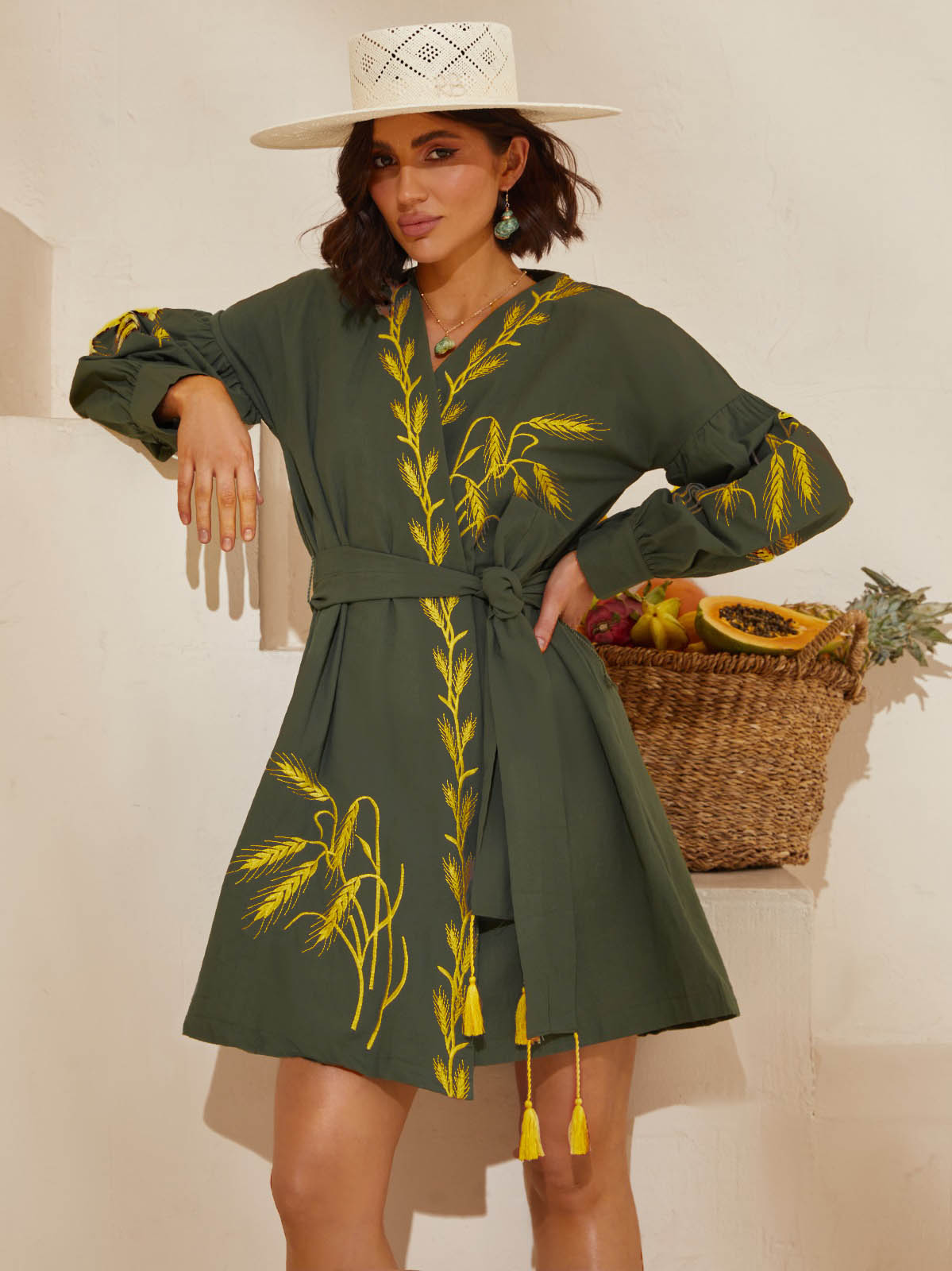 Сукня-кімоно зелена з вишивкою Колоски | 83068 Сукня-кімоно зелена з вишивкою Колоски | 83068