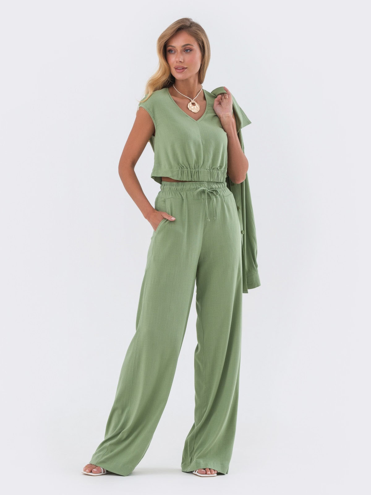 Літній костюм-трійка з льону зелений | 82352