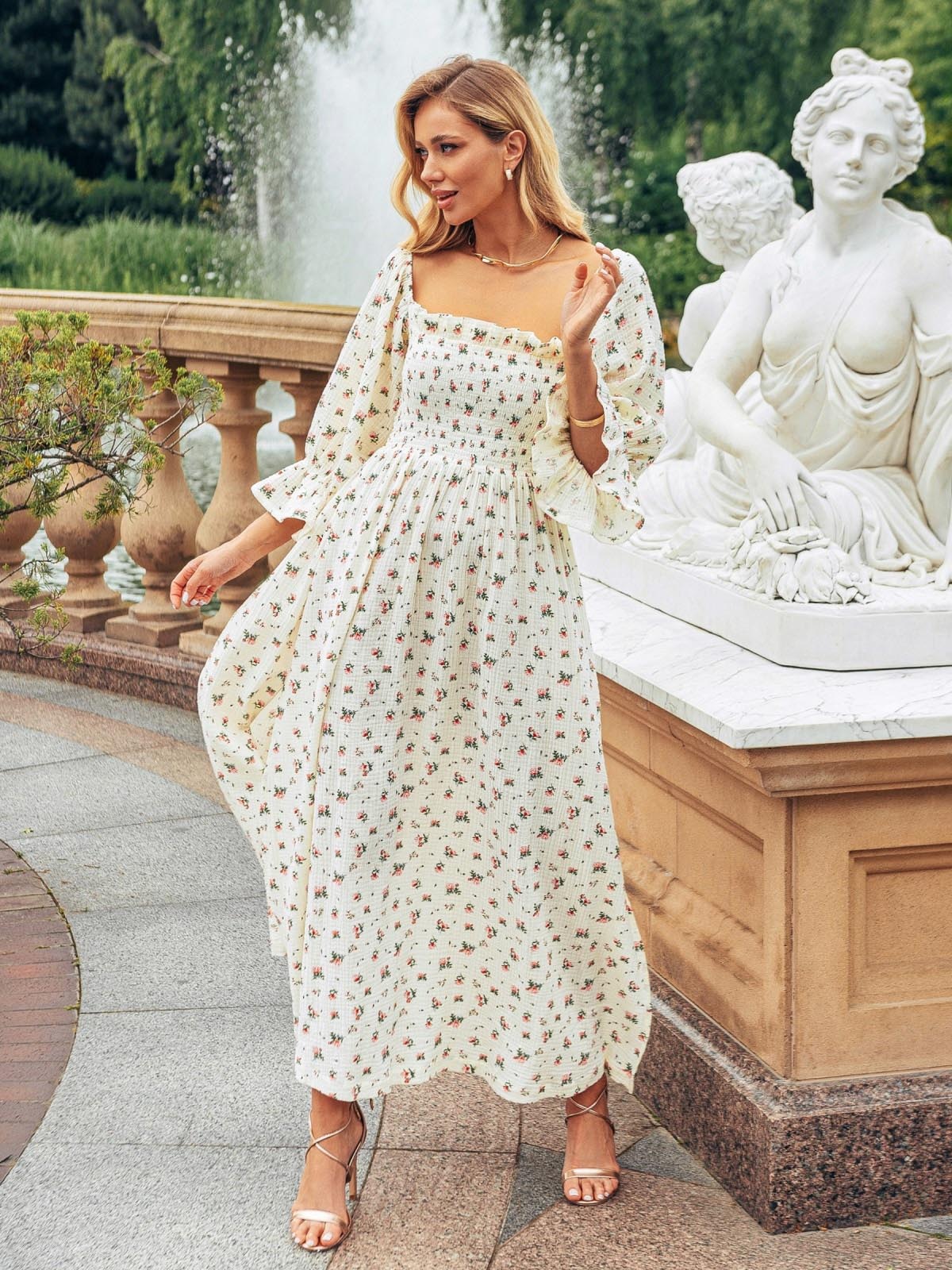 Сукня біла в принт з об'ємними рукавами | 83341 Сукня біла в принт з об'ємними рукавами | 83341