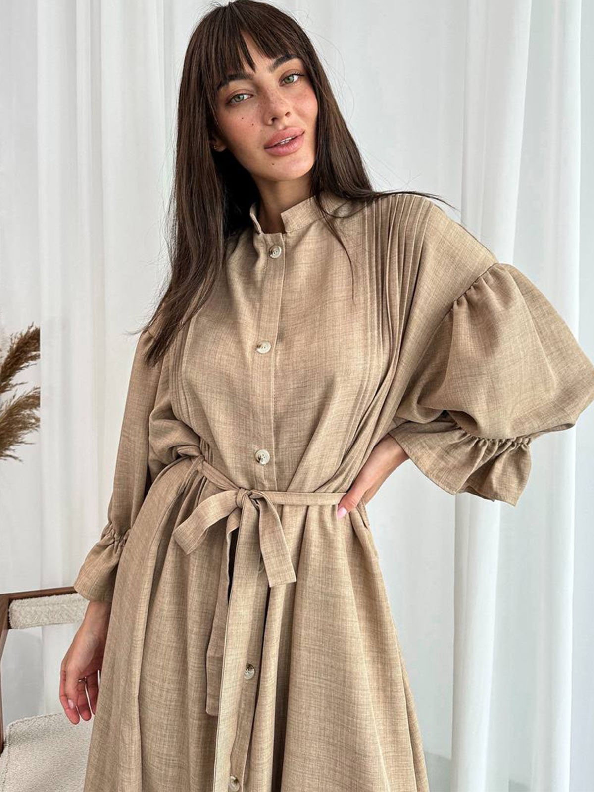 Лляна довга сукня-сорочка бежева оверсайз | 83023 Лляна довга сукня-сорочка бежева оверсайз | 83023