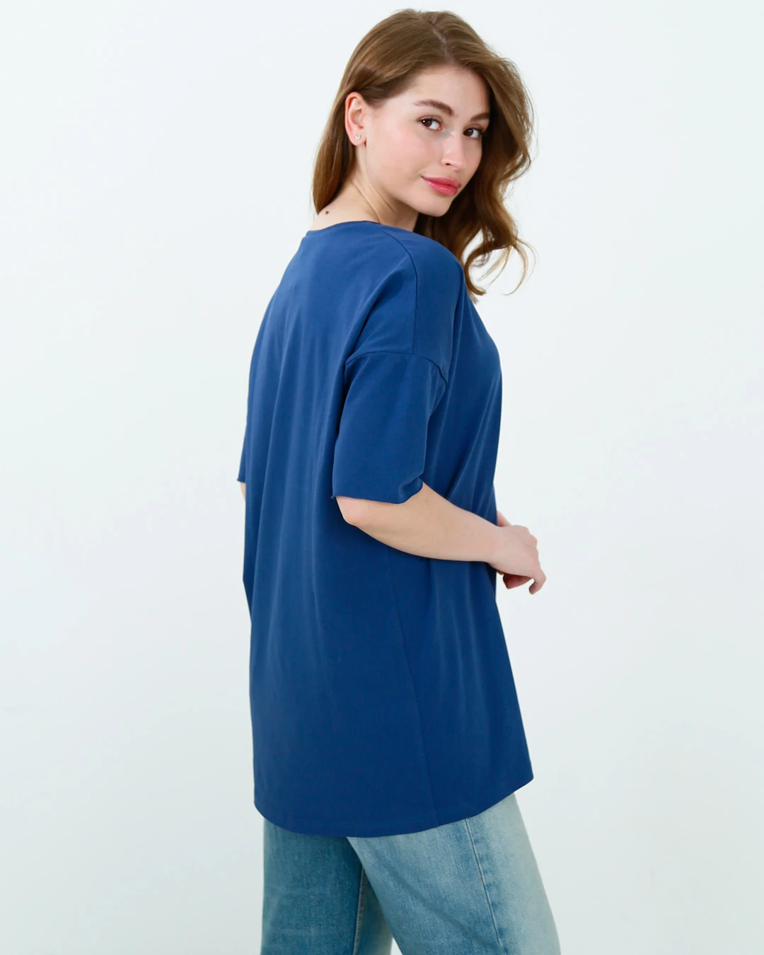 Жіноча подовжена футболка синя з поясом | 83180