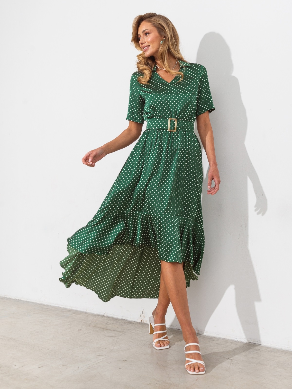 Шовкова сукня зелена в горошок з воланом | 83434 Шовкова сукня зелена в горошок з воланом | 83434