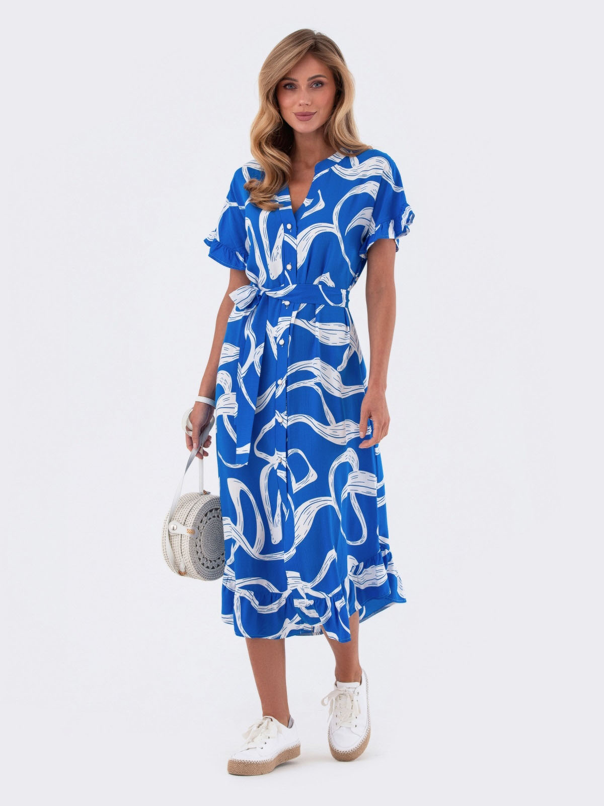 Принтована сукня блакитна з оборкою по низу | 82810 Принтована сукня блакитна з оборкою по низу | 82810