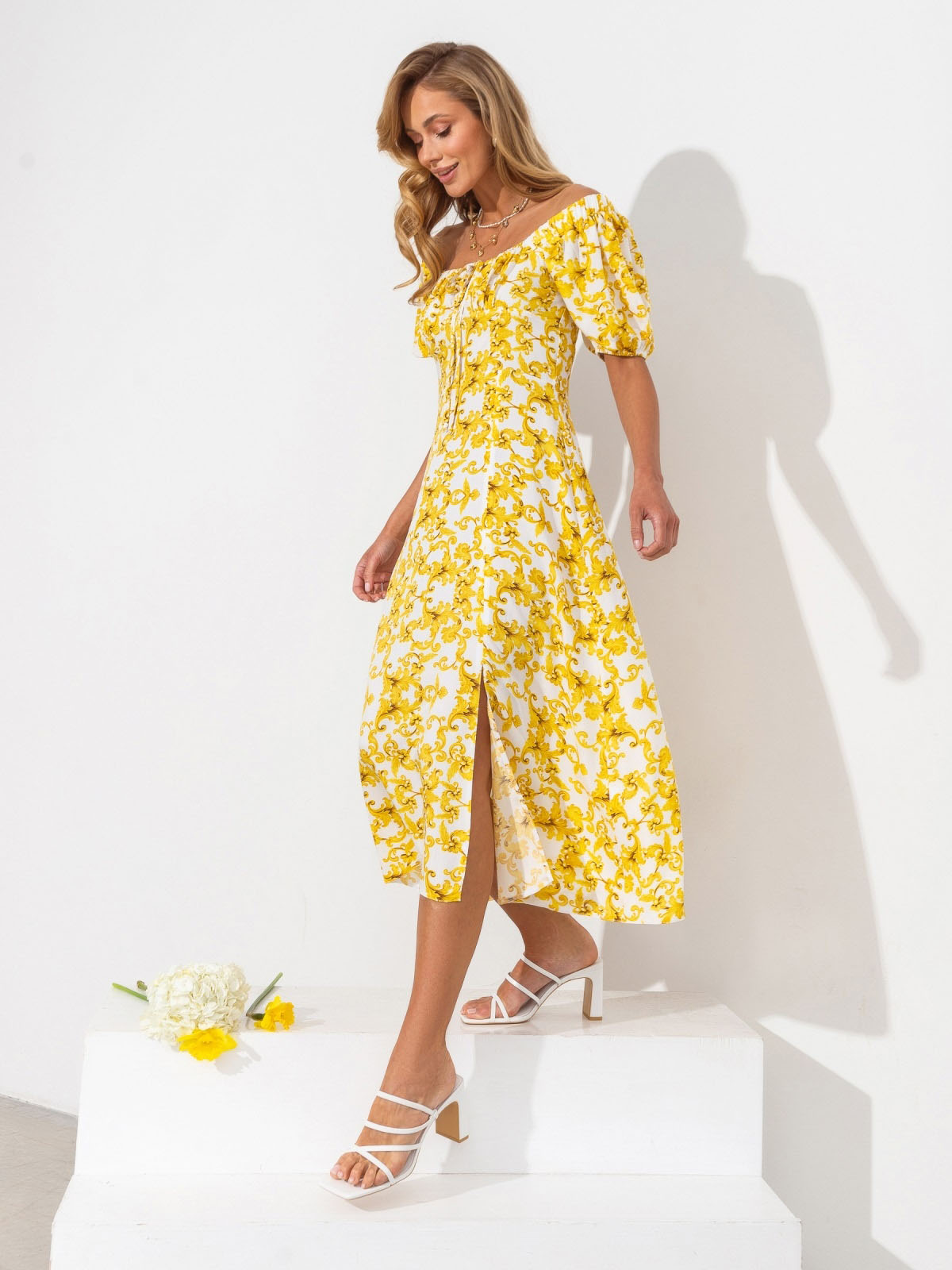 Сукня жовта в принт з куліскою на ліфі | 82691 Сукня жовта в принт з куліскою на ліфі | 82691