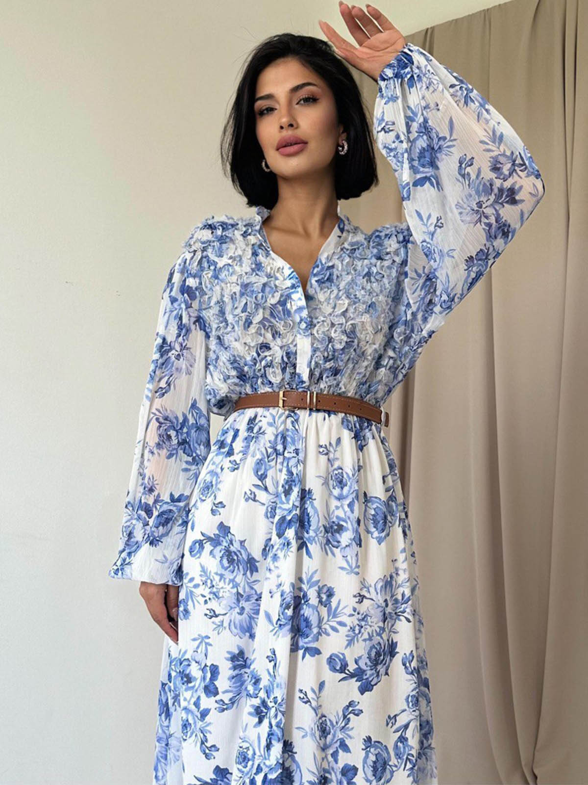 Літня шифонова сукня біла в блакитні квіти | 83353 Літня шифонова сукня біла в блакитні квіти | 83353