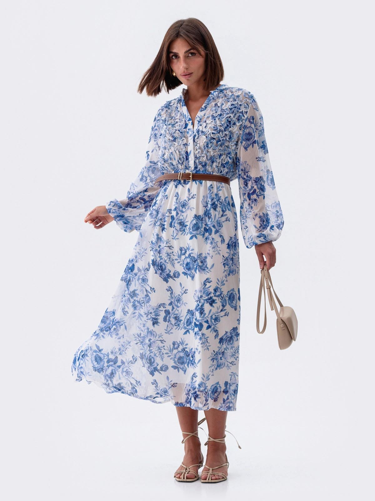 Літня шифонова сукня біла в блакитні квіти | 83353 Літня шифонова сукня біла в блакитні квіти | 83353