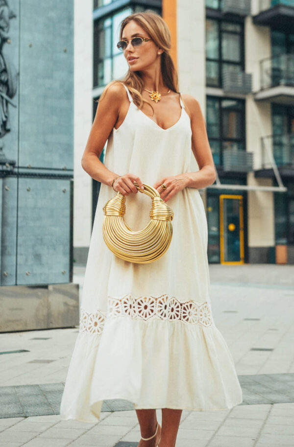 Лляний сарафан світло-бежевий вільного крою | 83322