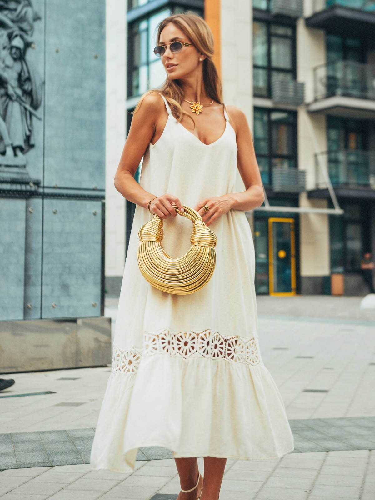 Лляний сарафан світло-бежевий вільного крою | 83322