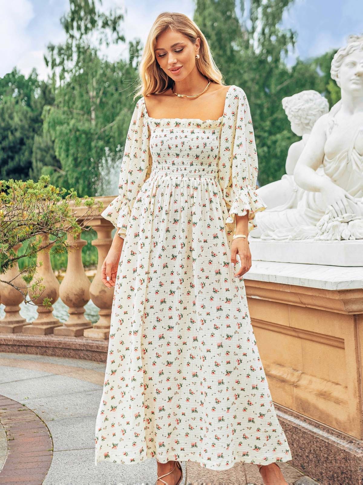 Сукня біла в принт з об'ємними рукавами | 83341 Сукня біла в принт з об'ємними рукавами | 83341